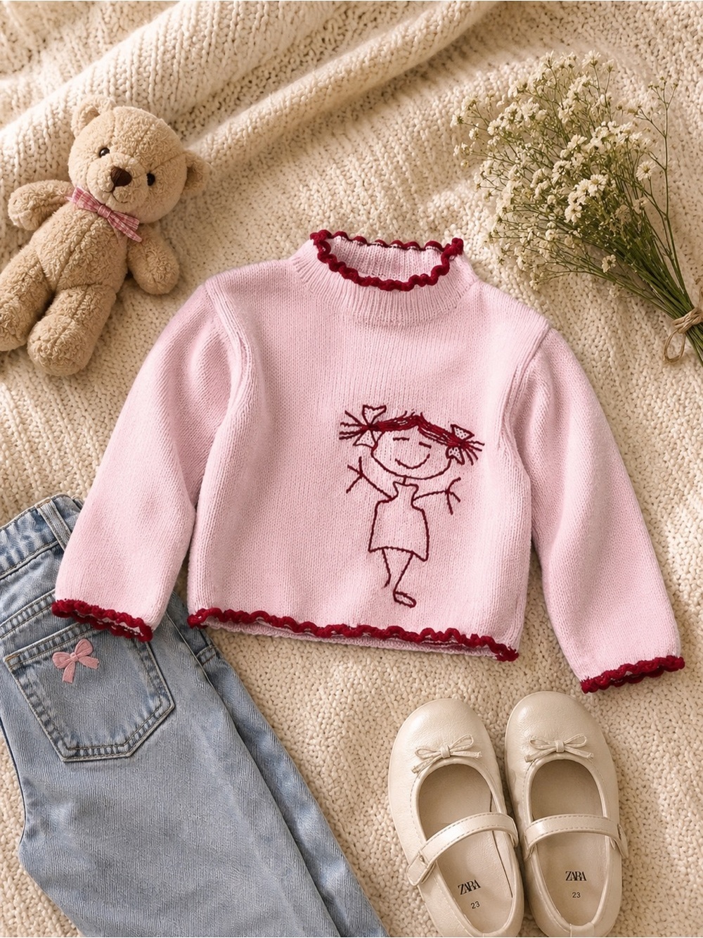 Celeste Light Pink Knit Sweater with Red Girl Embroidery